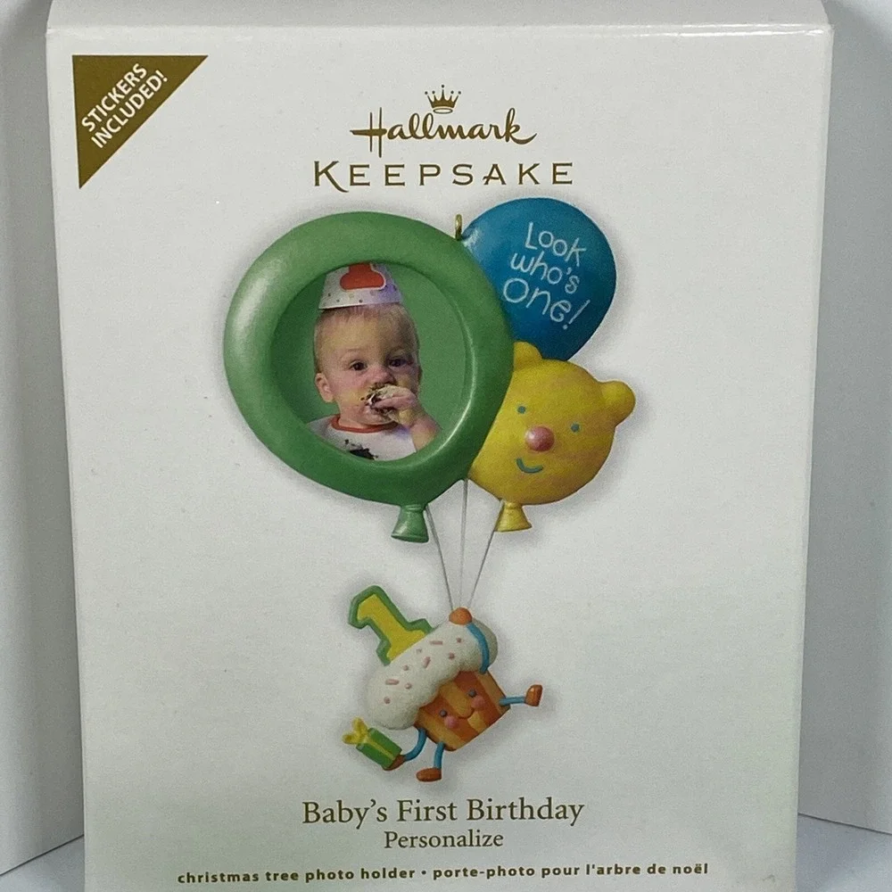 Hallmark Keepsake Ornament BABYS FIRST BIRTHDAY Balloons Cupcake Picture Sticker
